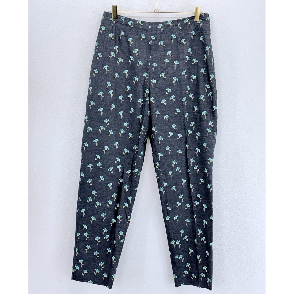 Bernard Zins Trousers Gray Embroidered Floral Cotton High Rise Tapered Size 30